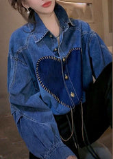 Französisch Blau Peter Pan Kragen Taste Patchwork Denim Shirts Top Herbst